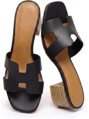 Women's Black Casual Cutout Strap Square Open Toe Low Block Chunky Heels